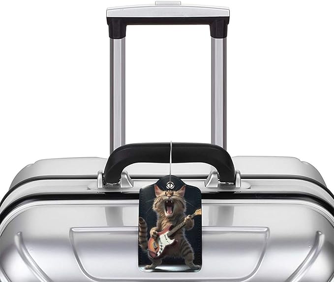 2 Pack Luggage Tags for suitcases Guitar Funny Cute cat Luggage Tag, Leather Stainless Steel Loop Label Tag for Men Women Travel Bag Suitcase(Guitar cat)