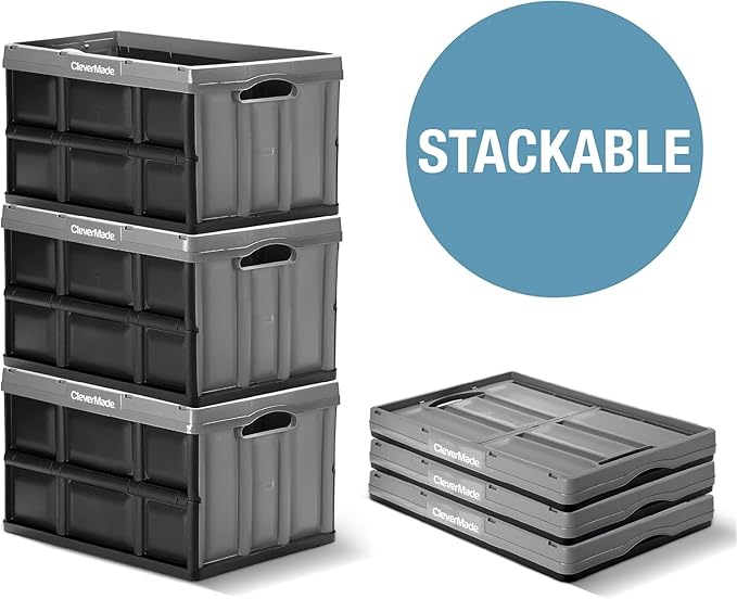 CleverMade Collapsible Storage Bins - Obsidian 3 Pack 32L - Stackable Containers Heavy Duty Capacity Folding Crates - Space-Saving for Home