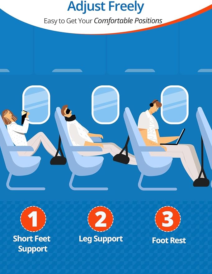 Travel Pillow Airplane Foot Hammock Set, Airplane Pillows with 3D Eye Mask for Sleeping, 360° Support Plane Head Strap, Long Flights Essentials, Stop Bobblehead and Travel Foot Rest Leg Relief
