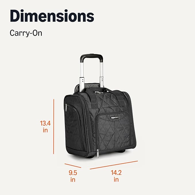 Amazon Basics Underseat Carry On Luggage with Wheels - 14" Rolling Travel Bag, Black Quilted