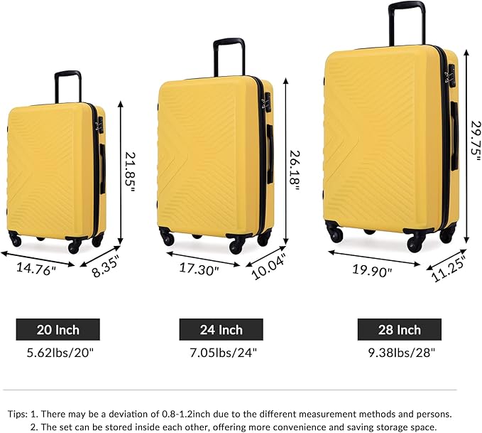 Campfun 3 Piece Luggage Sets, Hardshell ABS Luggage with TSA Lock, Carry On Suitcase Sets Lightweight Durable with 2 Hooks & Spinner Wheels, 20in/24in/28in - Yellow(C)
