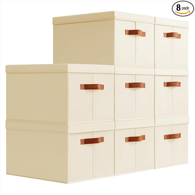 Storage Bins with Lids - Large Fabric Closet Bins with Lid, 8 Pack Clothes Organizers and Storage, Collapsible Stackable Cube Basket for Home, Office, Dorm, Beige