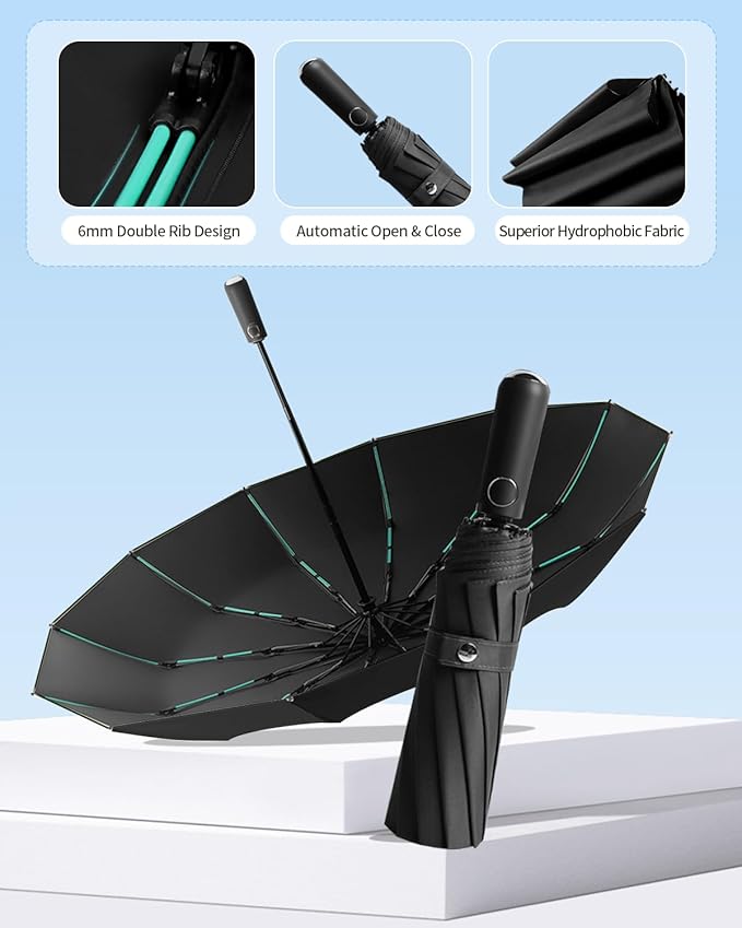 Large Double-Ribs Umbrella Automatic Folding Umbrella for Women Men, Travel, UPF 50+ UV Protection