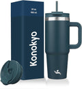 30 oz Tumbler with Handle and 2 Straws,2 in 1 Lid Insulated Water Bottle Stainless Steel Travel Coffee Mug,Navy blue