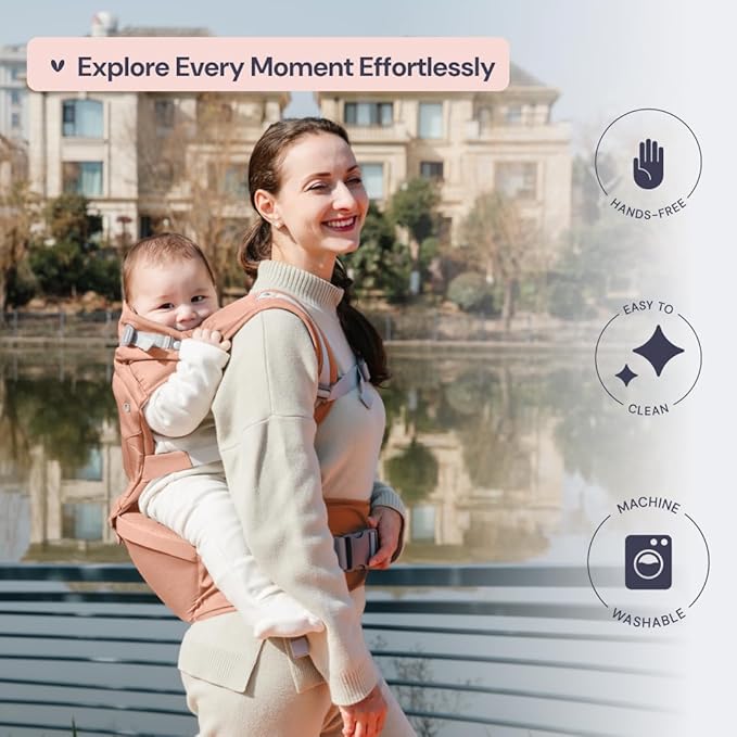 BabbleRoo Grow Carrier – 6-in-1 Baby Carrier with Hip Seat, Ergonomic, Cozy & Adjustable Toddler Carrier 7-50 lbs with Hip & Lumbar Support, Hood for Sun Protection, Newborn to Toddler, Kangaroo Rose