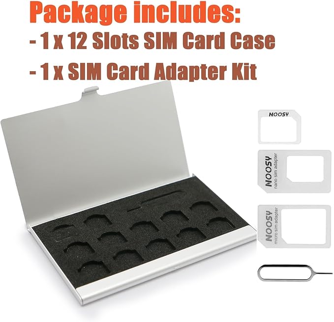Aluminum SIM Card Case, 12 Slots Ultrathin Nano SIM Card Holder with SIM Card Adapter Kit for Travelers or Holiday Trip (Silver)