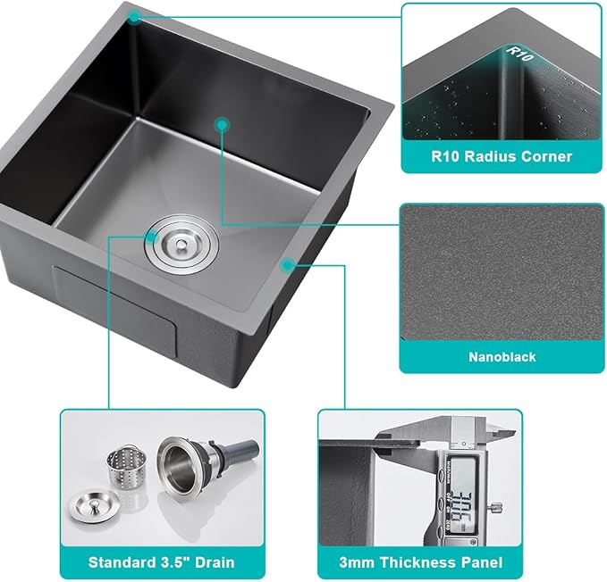 Black 18 inch Undermount Kitchen Sink - TSIBOMU 18 Gauge Stainless Steel 9" Deep Single Bowl Basin Undermount Kitchen Bar Sink, D18"xW18"xH9"