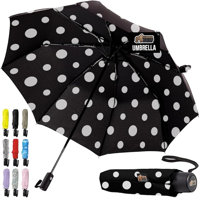 GORILLA GRIP Strong Stick Umbrella for Rain, Compact Travel One-Click Automatic Open Close, Lightweight, Portable, US Designed Reinforced Fiberglass Ribs, Wind Resistant, Easy Collapse, Polka Dots