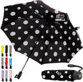 GORILLA GRIP Strong Stick Umbrella for Rain, Compact Travel One-Click Automatic Open Close, Lightweight, Portable, US Designed Reinforced Fiberglass Ribs, Wind Resistant, Easy Collapse, Polka Dots