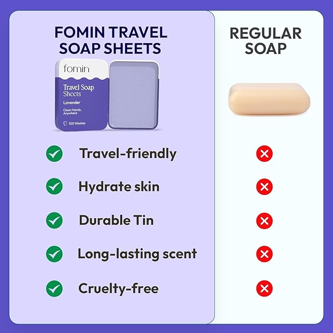 FOMIN - Antibacterial Paper Soap Sheets Tin for Traveling - (300 Sheets) Lavender - Portable Travel Hand Soap Sheet, Dissolvable Mini Camping Hand Soap for Hand Washing