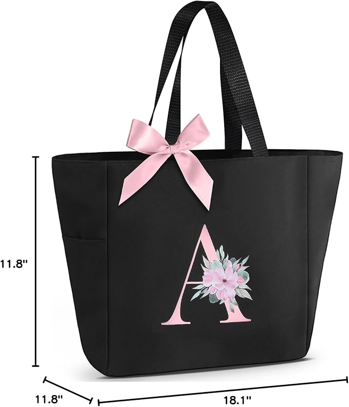 Vavabox Tote Bag, A-Z Initial Monogrammed Waterproof Tote Bag, Bridesmaid Gifts for Women, Black and Pink