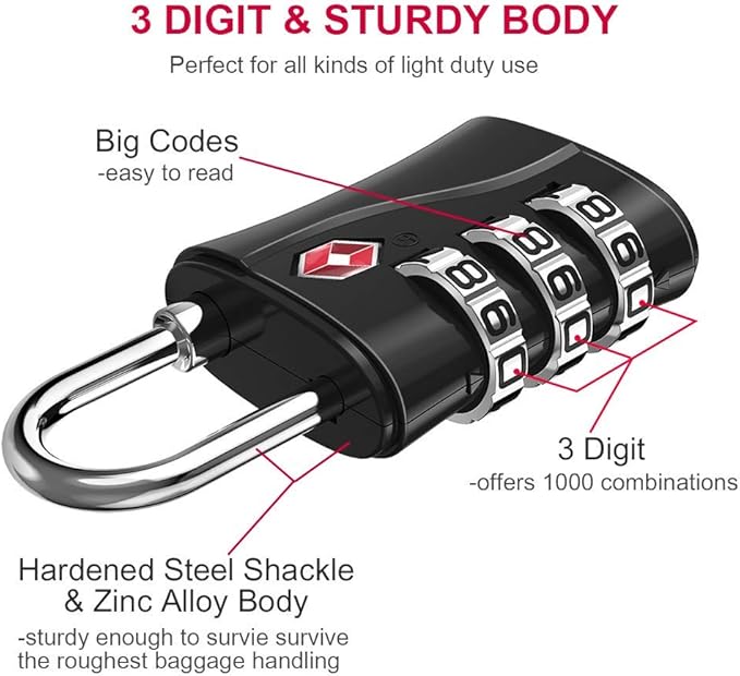 ZHEGE Luggage Lock for Train 4 Pack, 1 Cable (30 Inch), TSA Approved Travel Cable Lock for Backpack, Suitcase, School Gym Locker (4 Pack, Black)