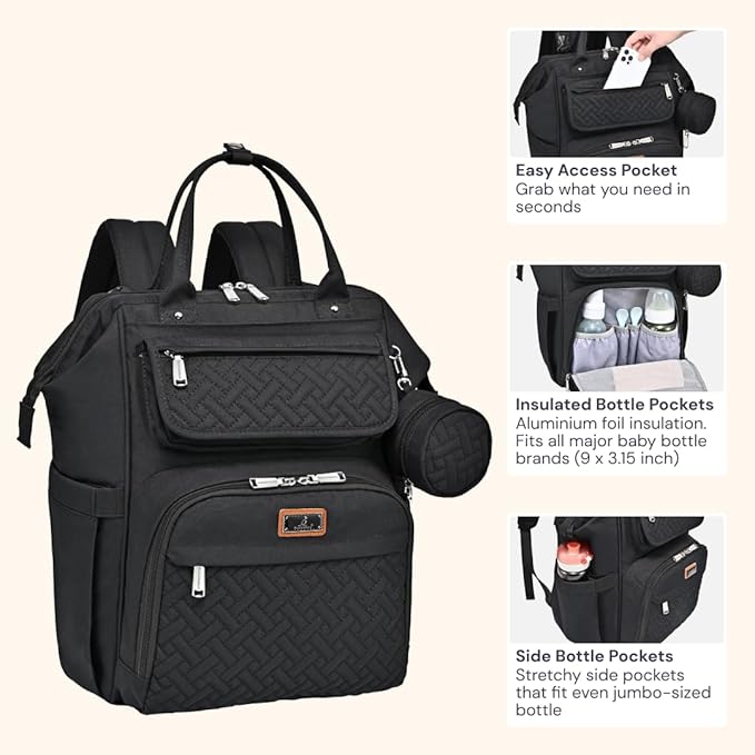 BabbleRoo Diaper Bag Backpack, Multifunction Nappy Changing Bag with Changing Pad, Stroller Straps & Pacifier Case, Unisex Stylish Travel Back Pack for Moms & Dads - Black