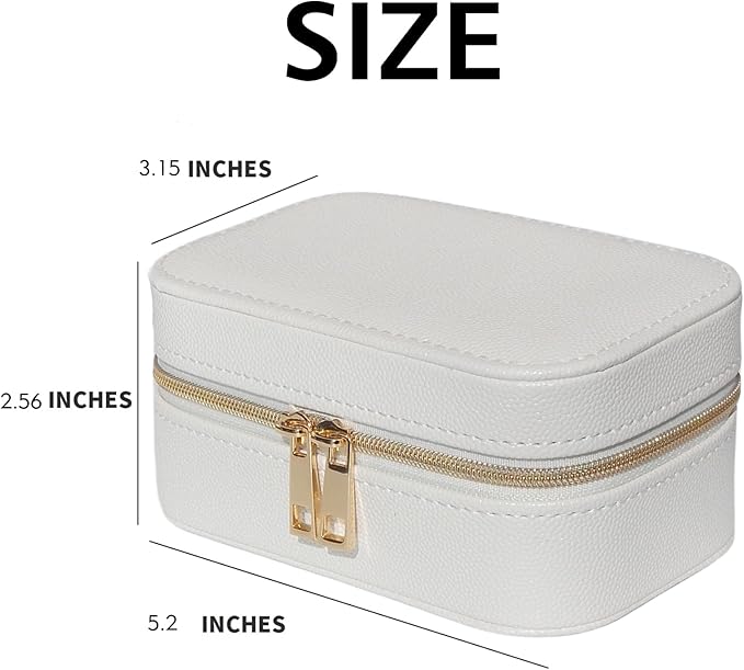 Small Jewelry Travel Case For Womens Small Rectangle PU Leather Jewelry Box With Zipper 2.56" H Portable Travel Jewelry Case For Big Earring Rings Necklaces Bracelets White Jewelry Gifts Box