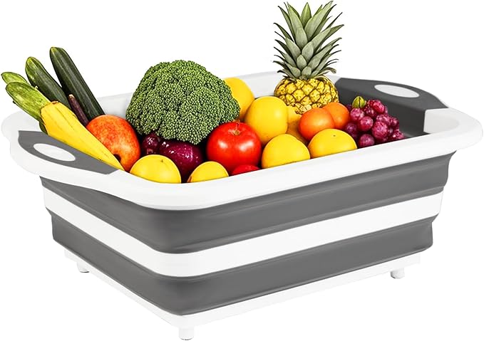 Collapsible BBQ Prep Tub/Cutting Board 10L, Foldable Dish Tub with Colander, Portable Camping Sink, Multifunction Dishing Basin Bucket Wash Tub for Kitchen Fruit Vegetable Picnic (Gray)