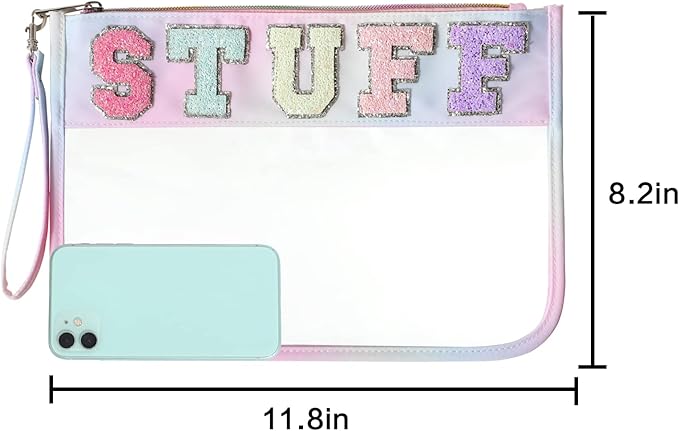 DYSHAYEN Chenille Letter Clear Zipper Pouch for Travel,Nylon Clear Cosmetic Bag,Makeup Travel Bag for Women Girls 11.8 Inches x 8.2 Inches