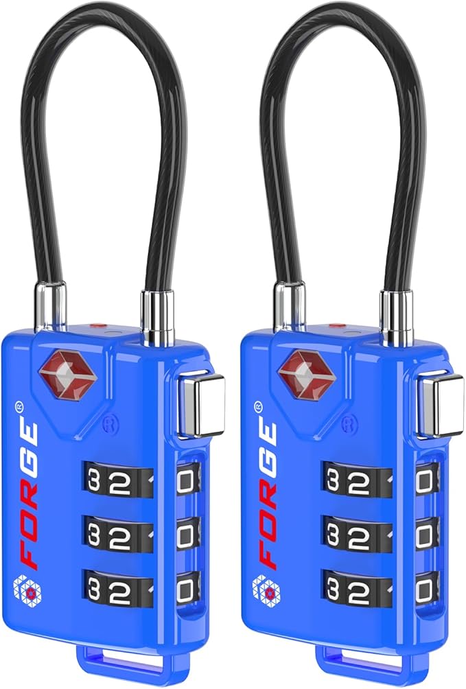 Bright Colors, TSA Approved Cable Luggage Locks 2 Pack Blue, Re-settable Combination with Alloy Body