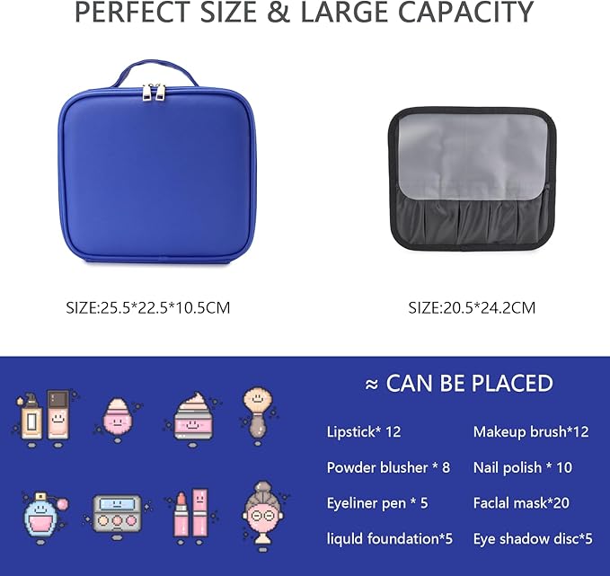 Makeup Bag with Led Mirror,Travel Makeup Organizer with 3 Color Setting & 10X Magnifying Mirror, Portable Storage and Adjustable Dividers Travel Makeup Bag-dark blue