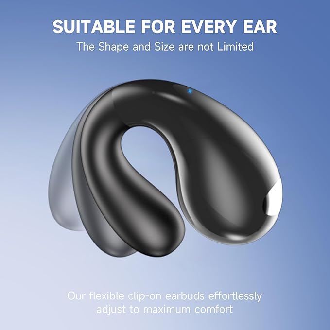 Open Ear Earbuds Wireless Bluetooth 6.1 Earphones, Flexible Clip On Ear buds with 36H Playtime LED Display Bone Conduction Headphones, IPX7 Waterproof Light Weight Fit for Every Ear, Sport, Workout
