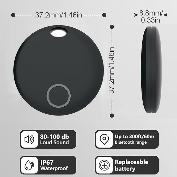 Key Finders, Luggage Tracker Tag Works with Find My (iOS only), Item Locator for Keys, Wallet, Suitcase,Bicycle and More, Replaceable Battery, IP67 Waterproof, Black, 1 PACK