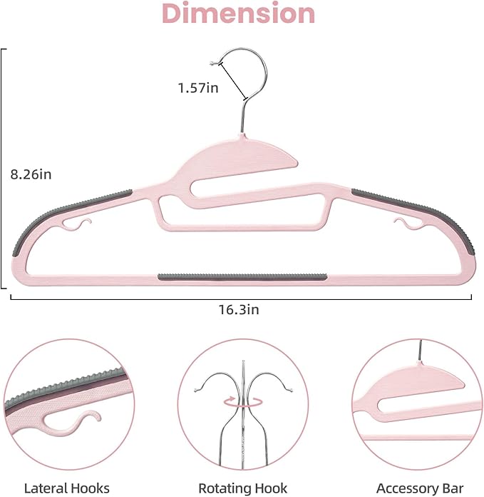BAGAIL Plastic Hangers 50 Pack with Non-Slip Design,0.2 Inches Thick, 360°Swivel Hook Space Saving Organizer for Bedroom Closet,Shirts,Pants(Pink- S Shaped)