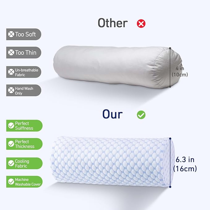 Neck Roll Pillow for Neck Pain Relief - Memory Foam Neck Support Pillow for Bed | Round Neck Pillow for Sleeping, 16 * 6.3 * 6.3inch (Cool-Blue)