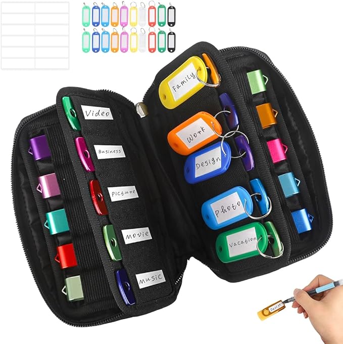 USB Flash Drive Case Organizer - Vellgo Premium Soft Neoprene Storage Holder with 20 Slots and 20 Label Tags for Thumb Drives, Memory Sticks, Jump Drives & Electronic Accessories (Black)