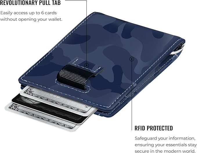 Kings Loot Money Clip Slim Minimalist Wallet for Men | RFID Blocking Leather Design with Money Clip | Front Pocket Bifold Holds 12 Cards | Stylish & Compact Wallets (Camo Blue)