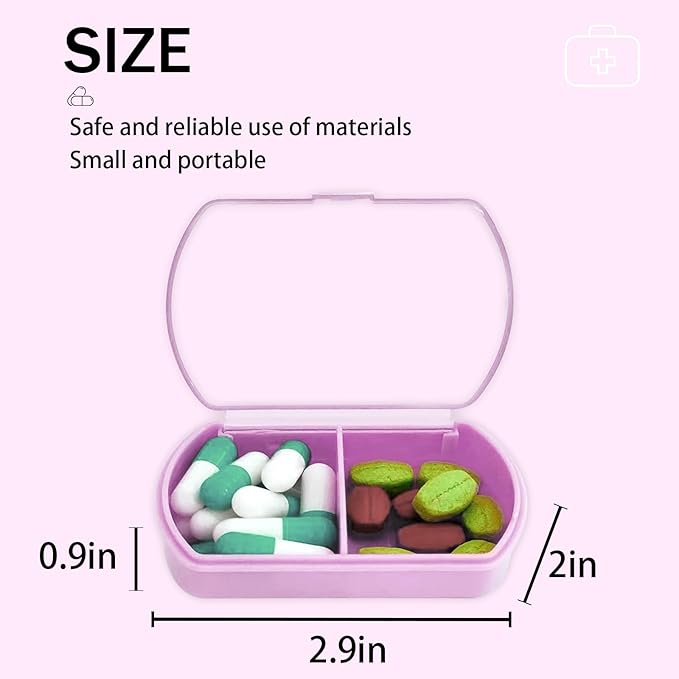 2PCS Small Pill Case Travel Pill Box Cute Pill Organizer for Purse Portable Daily Medicine Organizer 2 Compartment Pill Holder for Vitamins, Fish Oil, Supplements