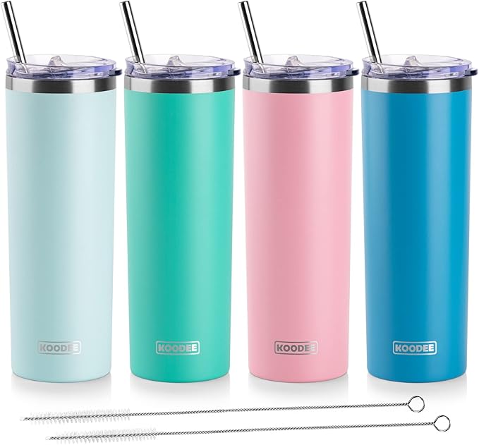 koodee 20 oz Stainless Steel Skinny Tumbler(4 Pack) Double Wall Insulated Water Tumbler Cup with Lids, Straws and Straw Brushe（Baby Blue/Pink/Sky Blue/Teal）