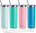 koodee 20 oz Stainless Steel Skinny Tumbler(4 Pack) Double Wall Insulated Water Tumbler Cup with Lids, Straws and Straw Brushe（Baby Blue/Pink/Sky Blue/Teal）