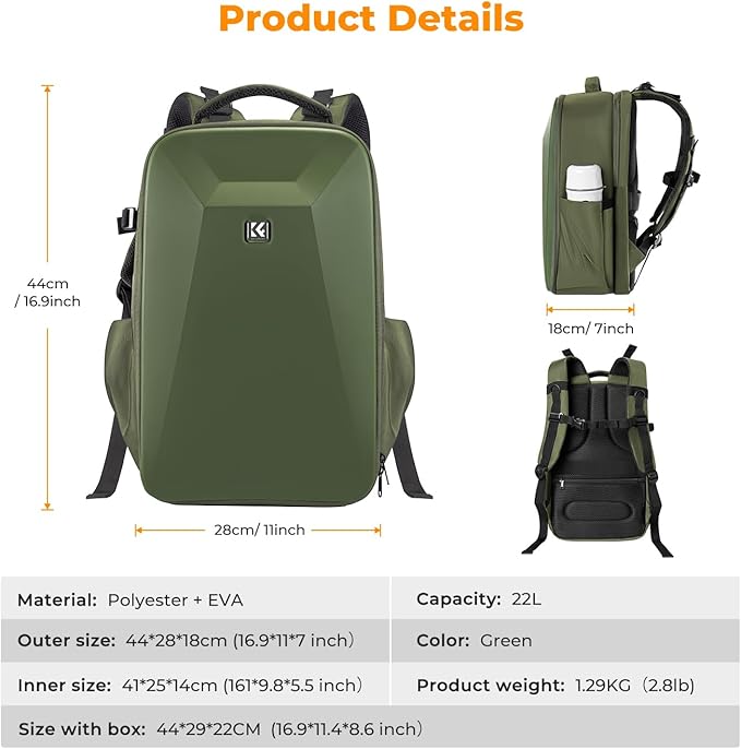 K&F Concept Camera Backpack,Hardshell Photography DSLR Camera Bag with 15-15.6 Inch Laptop Compartment Waterproof Hard Shell Camera Case Compatible with Canon/Nikon/Sony/DJI Mavic Drone