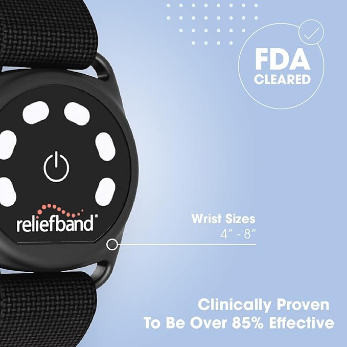 Reliefband Sport Anti-Nausea Wristband | Waterproof, FDA Cleared, Nausea & Vomiting Relief for Motion Sickness (Car, Air, Sea) & Morning Sickness, Drug & Side Effect Free (Black, 1 Extra Gel Tube)