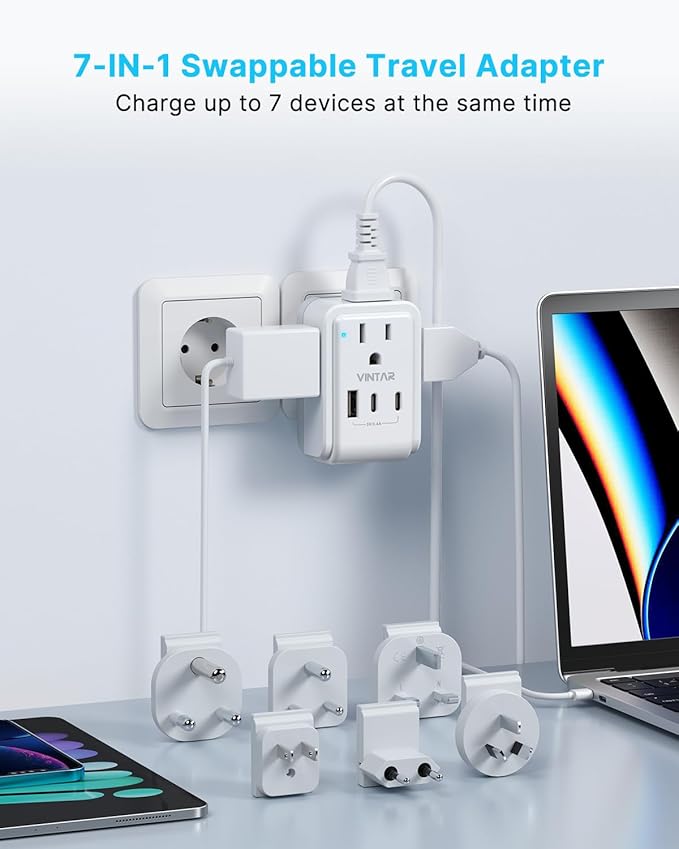 VINTAR Universal Travel Adapter Kit, 3ft Detachable Extension Cord with 4 AC Outlets & 3 USB(2 USB C), Type A/C/G/D/I/M International Power Adaptor for US to Europe UK India South Africa Japan