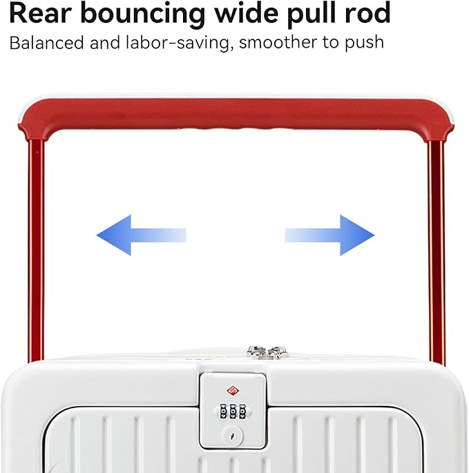 SOKOK Front Pocket Luggage with Spinner Wheels, 24'' Wide Handle Travel Suitcase PC Hardshell Multifunctional Luggage with Charging Port and Cup Holder, White
