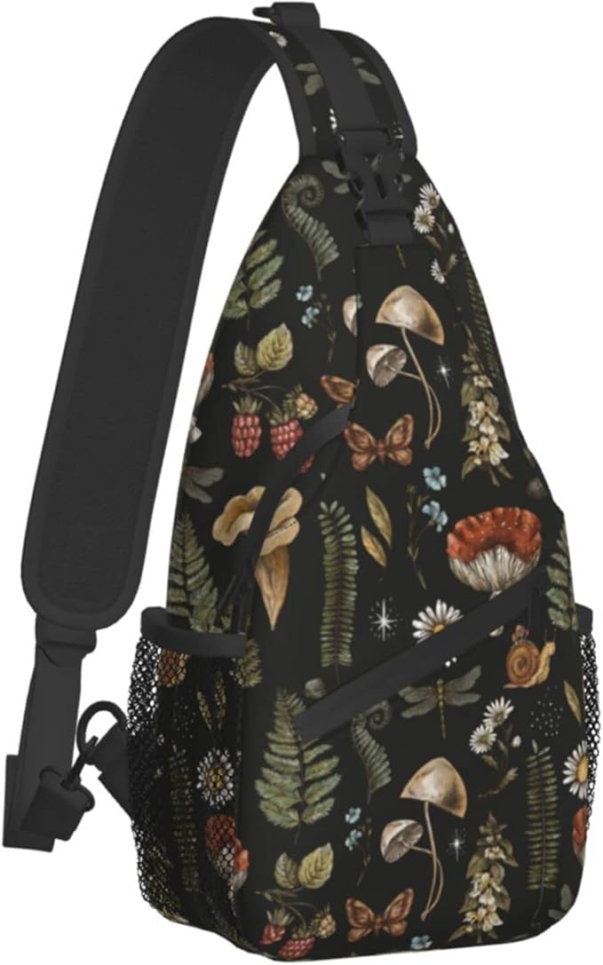 SUPLUCHOM Sling Bag Vintage Mushroom Leaf Forest Hiking Daypack Crossbody Shoulder Backpack Travel Chest Pack for Men Women Over 12 Years Old