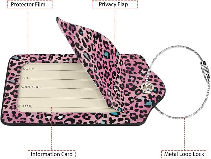 Pink Leopard Print Luggage Tags for Suitcases,2 Pack Luggage Tag, Leather Stainless Steel Loop Label Tag for Women Girl Travel Bag Suitcase
