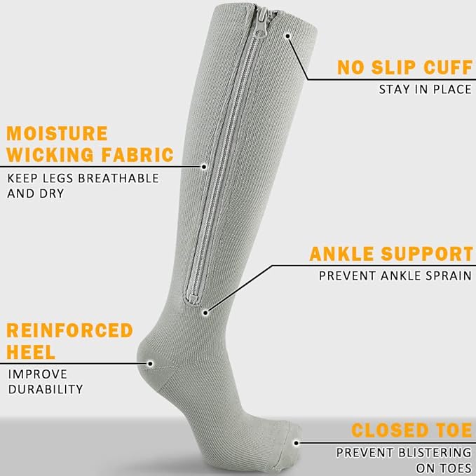 CASMON 2 Pairs Zipper Compression Socks for Women & Men, 15-20 mmHg Closed Toe Knee High Support Sock with Zipper for Varicose Vein Edema