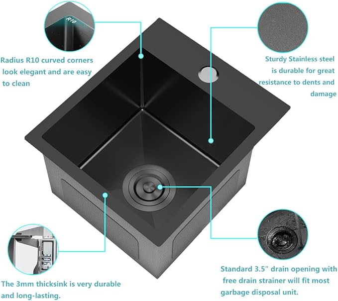 ARTLINE 15 x 15 Inch Black Drop in Bar Sink, Stainless Steel Single Bowl Kitchen Sink, Small Topmount 9 Inch Deep Wet Bar sink for Outdoor Prep RV Yard Laundry Utility with Dish Grid & Drain