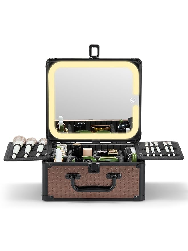 Qislee Makeup Box with A Detachable Lighted Mirror, Waterproof Travel Train Case, Cosmetic Organizer and Makeup Suitcase with Adjustable Dividers, Magnetic LED Mirror(Golden Brown)