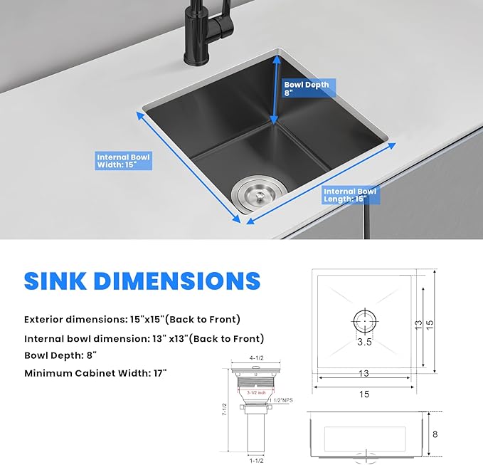 POPFLY 15 Inch Bar Sink, Black Small 15×15 Inch Undermount Kitchen Bar Prep Sink, Stainless Steel Single Bowl 18 Gauge Handmade 8 inch Deep Rv Sink