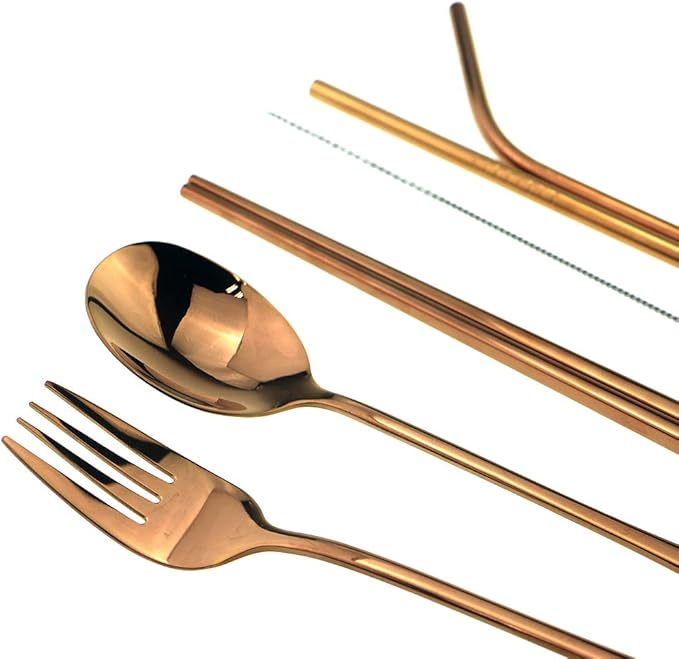 7 Pcs Portable Flatware Set, 304 Stainless Steel Cutlery Set Travel Utensils Set w/Pouch Fork Spoon Chopsticks Straws for Travel Camping Office School, Dishwasher Safe & Eco-Friendly (Rose Gold)