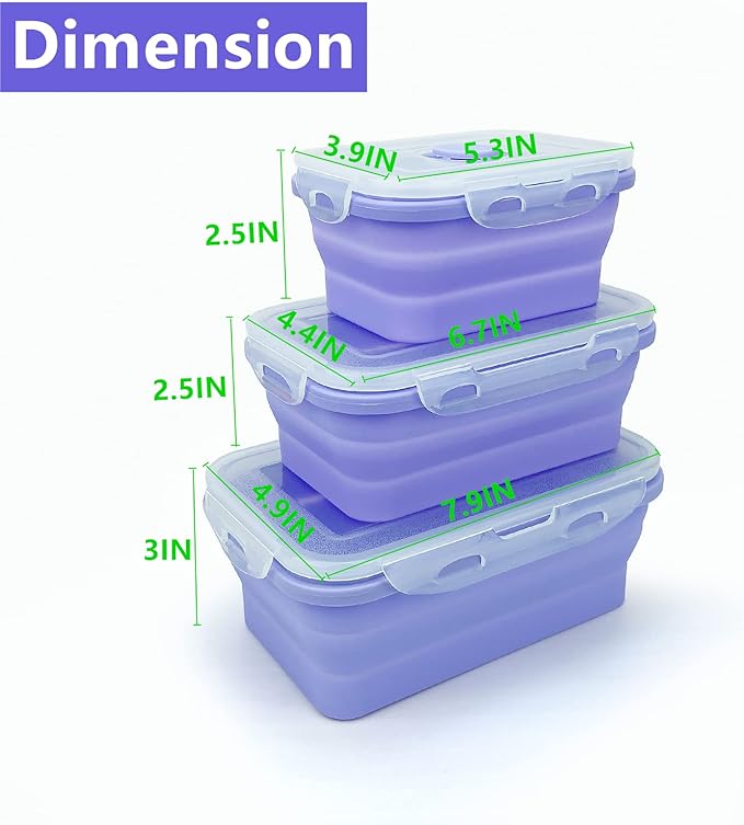 Purple Collapsible Meal Prep Containers Camping Bowls Silicone Bento Box with Airtight Plastic Lid, Microwave Safe, Portable Lunch Container, For Food Storage, Travel and Hiking, 3Pack