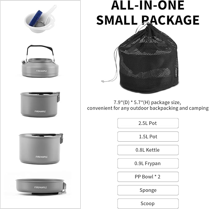 Fire-Maple Feast 4 Piece Camping Cookware Cookware Cookware Kit Outdoor Cookware Set with Pots, Kettle, Saucepans and Spatula for Hiking Fishing Picnic