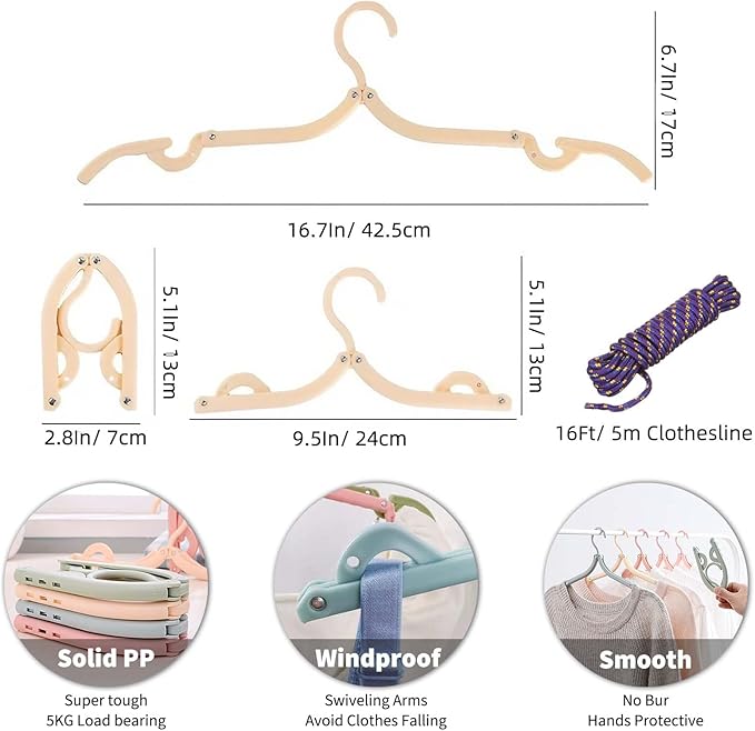 20 Pcs Foldable Travel Hangers - Portable Folding Collapsible Clothes Hangers Lightweight Travel Accessories Foldable Clothes Drying Rack Dorm Hanger for School Home with Clothesline