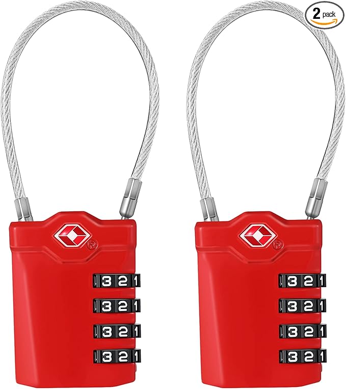ZHEGE TSA Luggage Locks, Travel Locks TSA Approved, 4 Digit Cable Luggage Lock with Open Alert Indicator for Suitcase, Backpack, Baggage, Laptop Bag (2 Pack, Red)