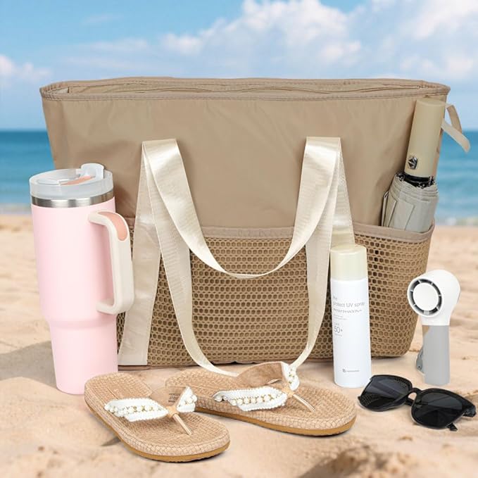 Waterproof Sandproof Beach Bag with Zipper and 6 Pockets - Foldable Lightweight Tote for Pool, Travel