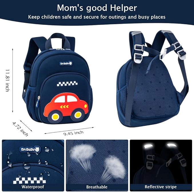 Padgene Toddler Harness Backpacks Safety Leash Kids Anti Lost Kindergarten Preschool Backpack Neoprene Lightweight Animal Schoolbag 3D Cartoon Car Mini Travel Bag for Boys Girls Ages 3-5