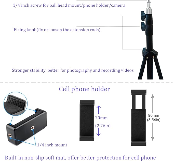 Up to 82.6 Inch Tall Tripod for Cell Phone and Lightweight Camera, Super Tall Tripod with Cell Phone Holder for iPhone 14 Pro Max, 13 Pro Max, Galaxy S22 Ultra, Action Cameras