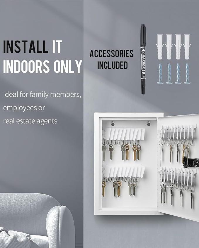 Uniclife 40 Position Slotted Key Cabinet with Combination Lock Resettable White Digital Security Storage Box Steel Key Organizer with Slotted Racks White Key Tag Labels and Permanent Pen